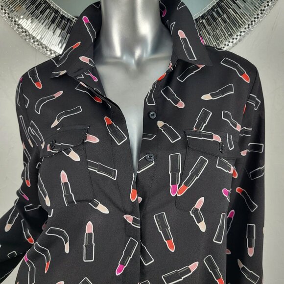NWT~$70~KARL LAGERFELD~M~BLACK RED PINK LIPSTICK TUNIC TOP BLOUSE SHIRT - Picture 4 of 16